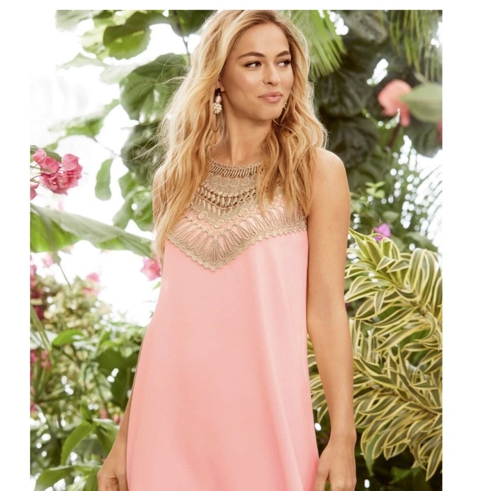 Lilly Pulitzer Pearl Shift Dress Pink Gold Metallic Lace Halter 2 88189‎